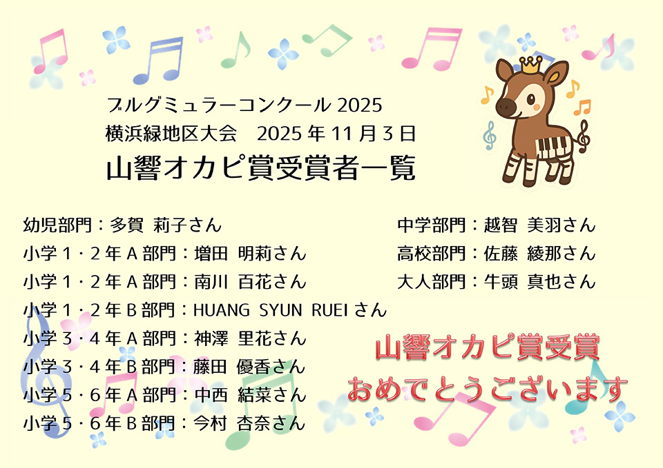 ブルグミュラーコンクール2025　山響オカピ賞受賞者一覧